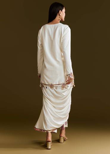 Cream Printed Croptop Set With Gotta Work Jacket And Dhoti Skirt