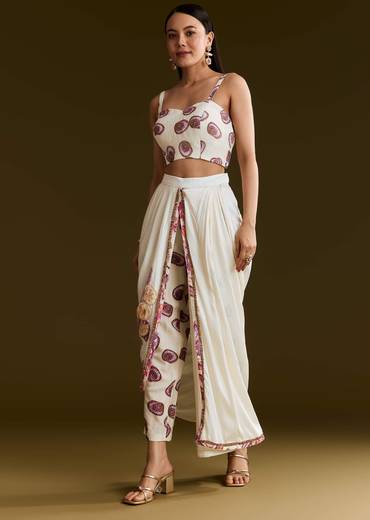 Cream Printed Croptop Set With Gotta Work Jacket And Dhoti Skirt