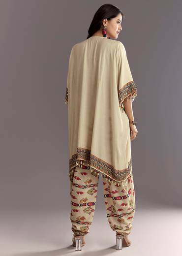 Cream Printed Muslin Kurta And Dhoti