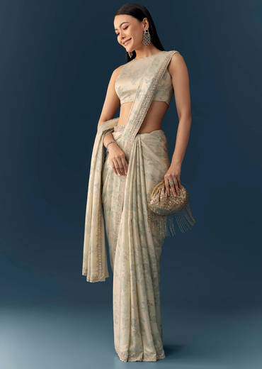 Cream Satin Saree with Floral Print and Unstitched Blouse