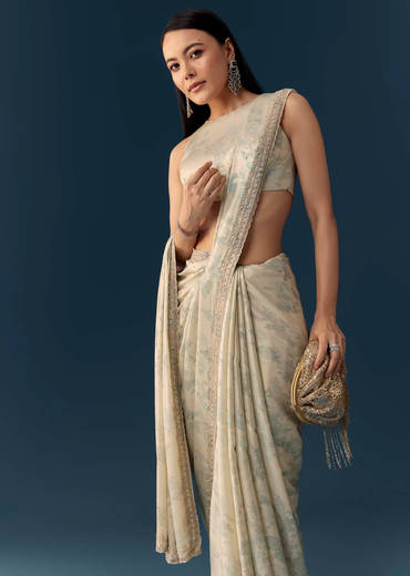 Cream Satin Saree with Floral Print and Unstitched Blouse