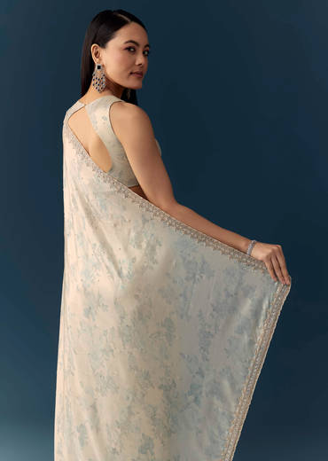 Cream Satin Saree with Floral Print and Unstitched Blouse