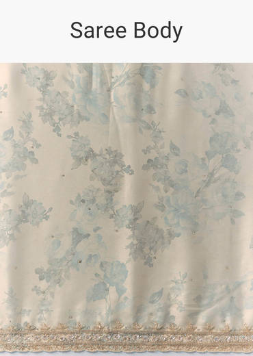 Cream Satin Saree with Floral Print and Unstitched Blouse