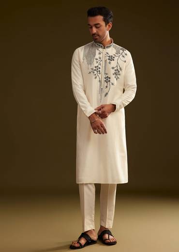 Cream Silk Kurta Set With Monochromatic Floral Embroidery