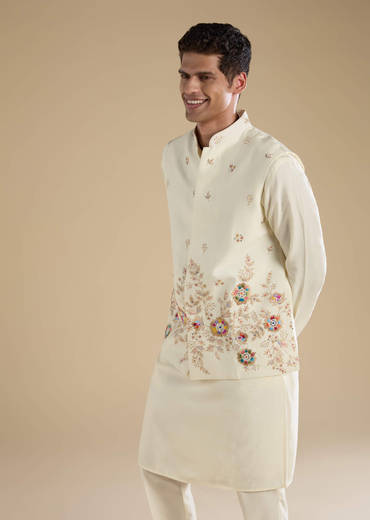 Cream Silk Jacket Kurta Set with Resham Work