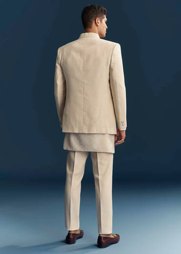 Cream Silk Kurta Jacket Set For Men With Dense Embroidery