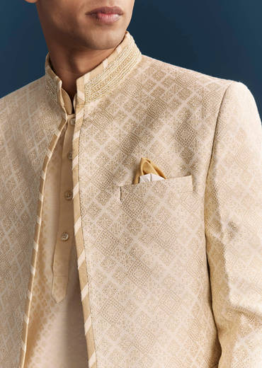 Cream Silk Kurta Jacket Set For Men With Embroidery