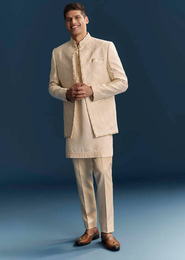 Cream Silk Kurta Jacket Set For Men With Embroidery