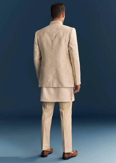 Cream Silk Kurta Jacket Set For Men With Embroidery