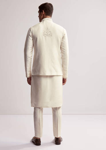 Cream Silk Kurta Jacket Set For Men With Floral Hand Embroidery