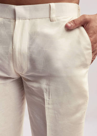 Cream Silk Kurta Jacket Set For Men With Floral Hand Embroidery