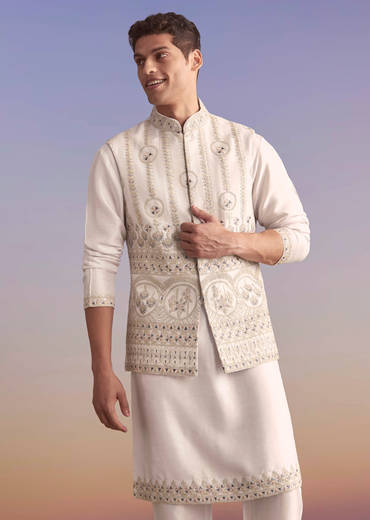 Cream Silk Kurta Jacket Set For Men With Subtle Thread Work