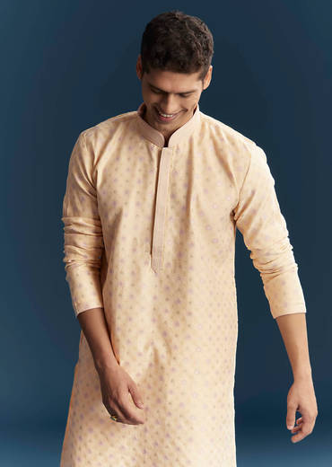 Cream Silk Kurta Set For Men With Subtle Motifs