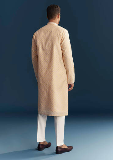 Cream Silk Kurta Set For Men With Subtle Motifs