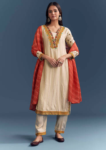 Cream Silk Kurta Set With Delicate Resham Work