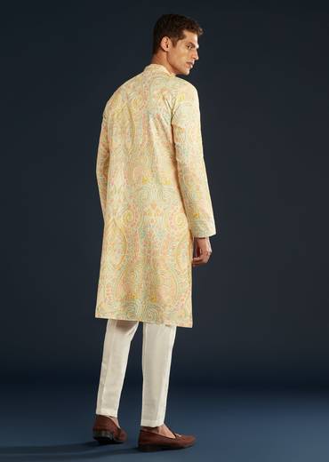 Cream Silk Mens Kurta Set with Thread Embroidery