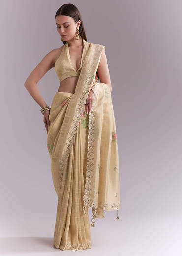 Cream Silk Saree With Floral Motifs And Gota Work