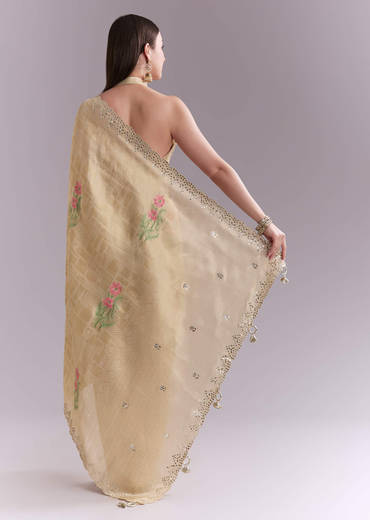 Cream Silk Saree With Floral Motifs And Gota Work