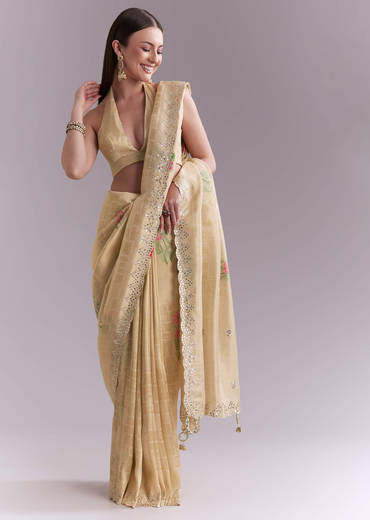 Cream Silk Saree With Floral Motifs And Gota Work