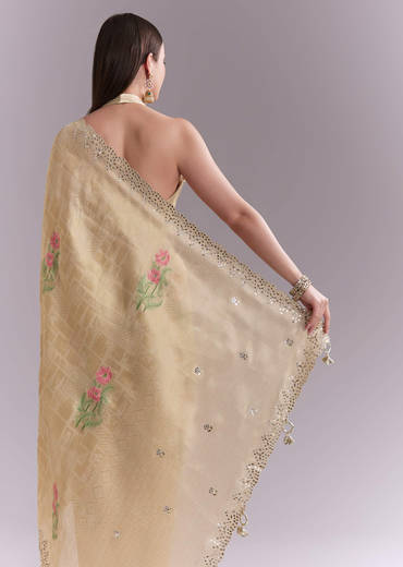 Cream Silk Saree With Floral Motifs And Gota Work