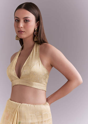 Cream Silk Saree With Floral Motifs And Gota Work