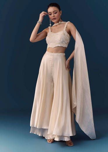 Cream Silk Sequin Work Crop Top Set with Dupatta