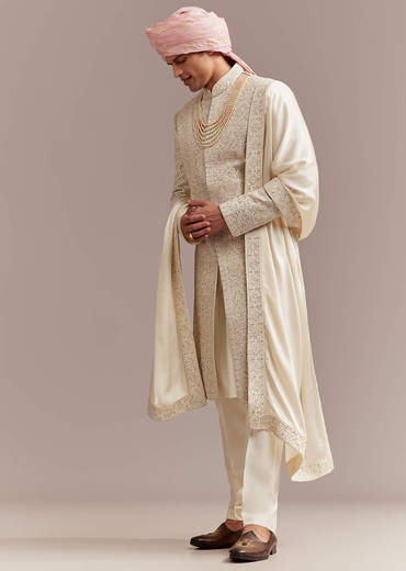 Cream Silk Sherwani For Groom With Floral And Geometric Embroidery