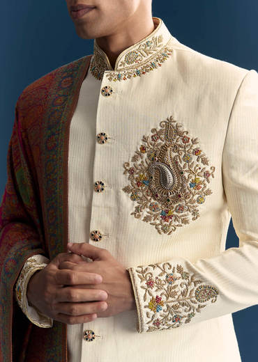 Cream Silk Sherwani For Groom With Intricate Hand Embroidery
