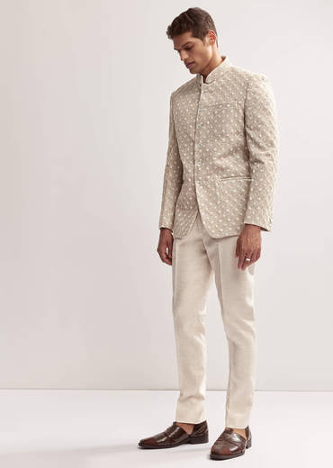 Cream Textured Linen Jodhpuri Set For Men