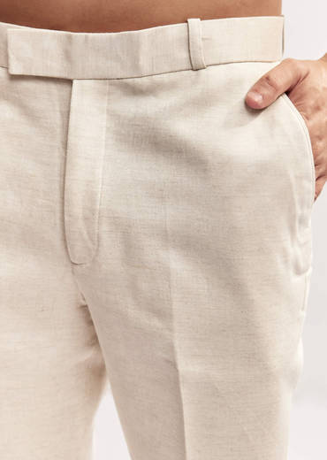 Cream Textured Linen Jodhpuri Set For Men