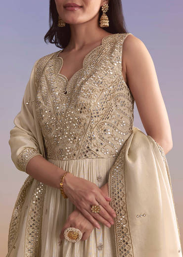 Cream Tissue Anarkali Suit With Zari Work