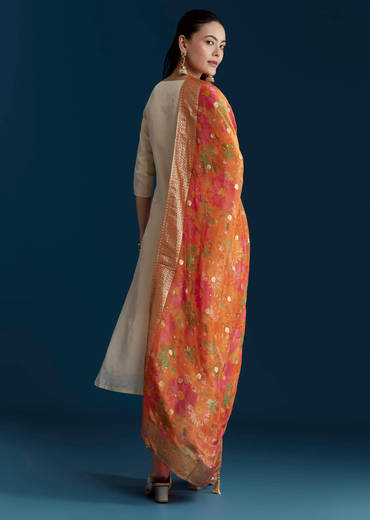 Cream Tissue Kurta Set with Bead Work