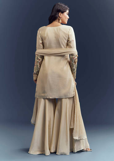 Cream Tissue Sharara Suit With Resham Hand Embroidery