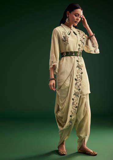 Cream White Tissue Kurta Dhoti With Dupatta And Belt