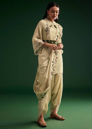 Cream White Tissue Kurta Dhoti With Dupatta And Belt