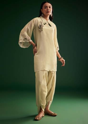 Cream White Tissue Kurta Dhoti With Dupatta And Belt