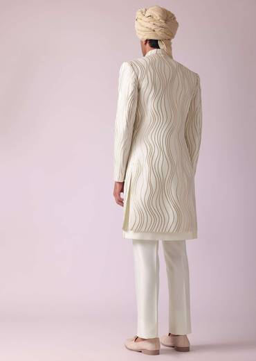 Cream White Embroidered Indowestern In Dupion Silk