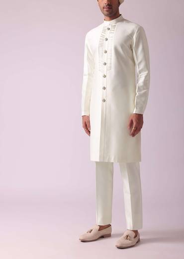 Cream White Embroidered Indowestern In Dupion Silk