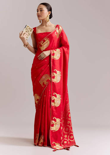 Crimson Red Chinon Woven Saree With Elephant Motifs