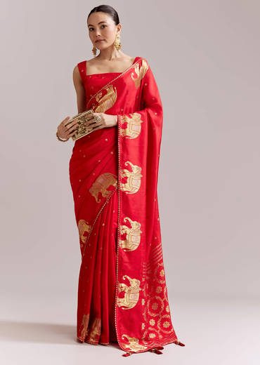 Crimson Red Chinon Woven Saree With Elephant Motifs