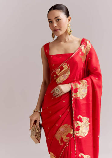 Crimson Red Chinon Woven Saree With Elephant Motifs