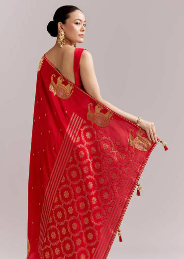 Crimson Red Chinon Woven Saree With Elephant Motifs