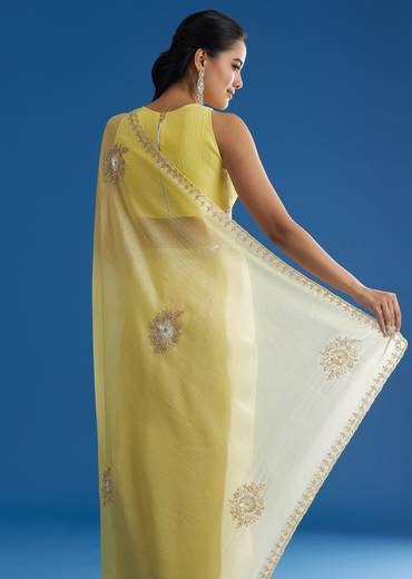 Lemon Yellow Crushed Tissue Saree With Embroidered Scallop Border