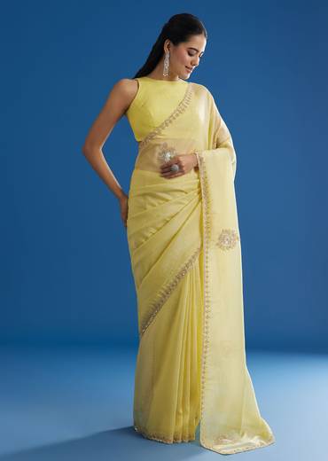 Lemon Yellow Crushed Tissue Saree With Embroidered Scallop Border