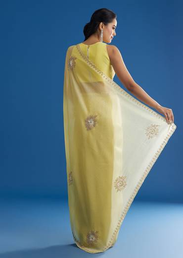 Lemon Yellow Crushed Tissue Saree With Embroidered Scallop Border