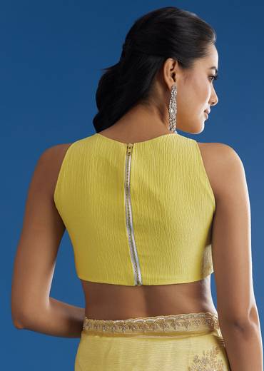 Lemon Yellow Crushed Tissue Saree With Embroidered Scallop Border