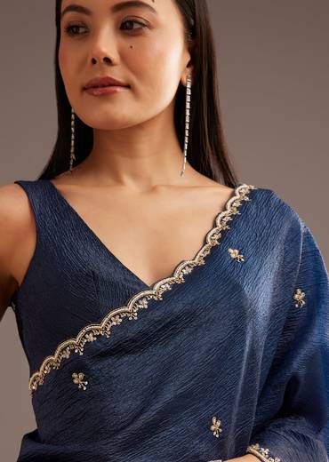 Blue Tissue Saree With Cutdana Scallop Border