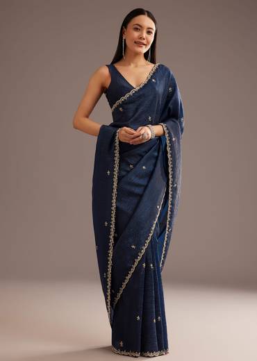 Blue Tissue Saree With Cutdana Scallop Border