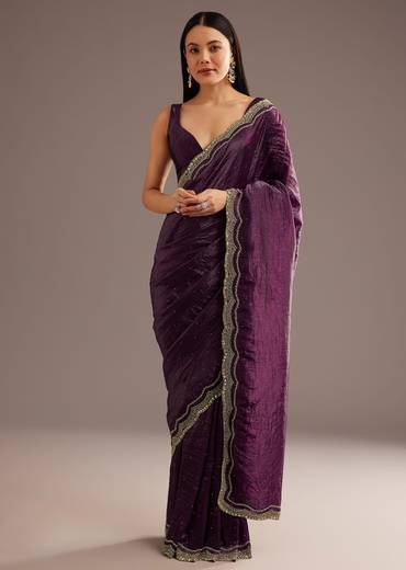 Wine Crushed Tissue Silk Cutdana Scallop Bordered Saree