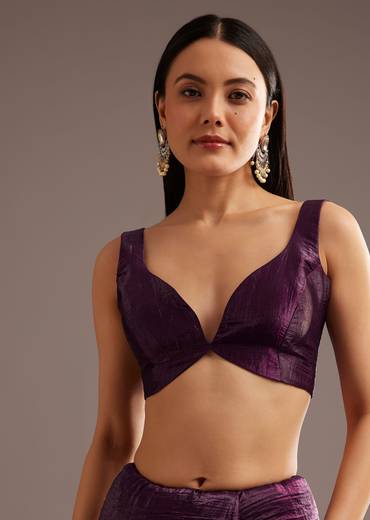 Wine Crushed Tissue Silk Cutdana Scallop Bordered Saree